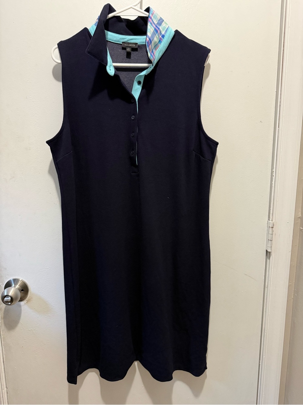 Talbots Navy Sleeveless Polo Dress with Mint & Plaid Trim